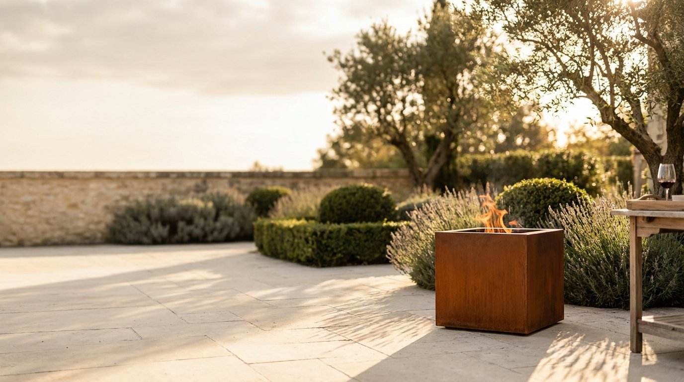 Brasero corten Citadel Grill sur terrasse française au coucher du soleil